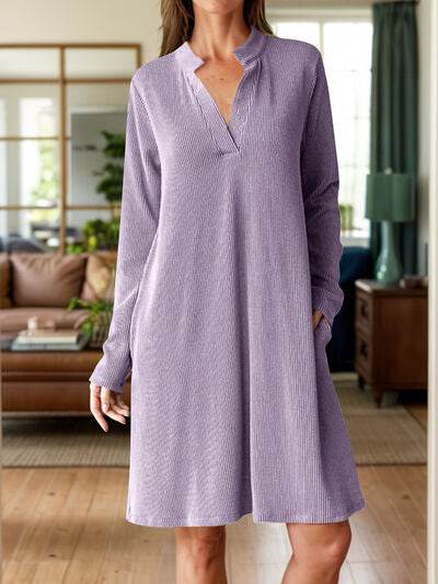 Notched Long Sleeve Mini Dress with Pockets Lilac for a perfect OOTD – dress to impress outfits from Amexza