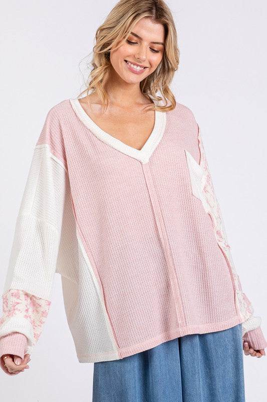 SAGE + FIG Floral Long Sleeve V-Neck Waffle Knit Top for a perfect OOTD – dress to impress outfits from Amexza