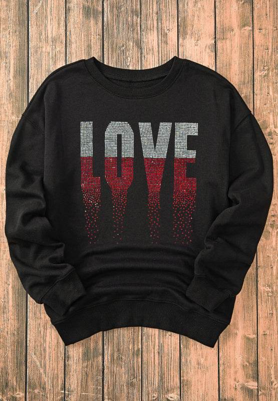 Rhinestone LOVE Round Neck Long Sleeve Sweatshirt - Amexza