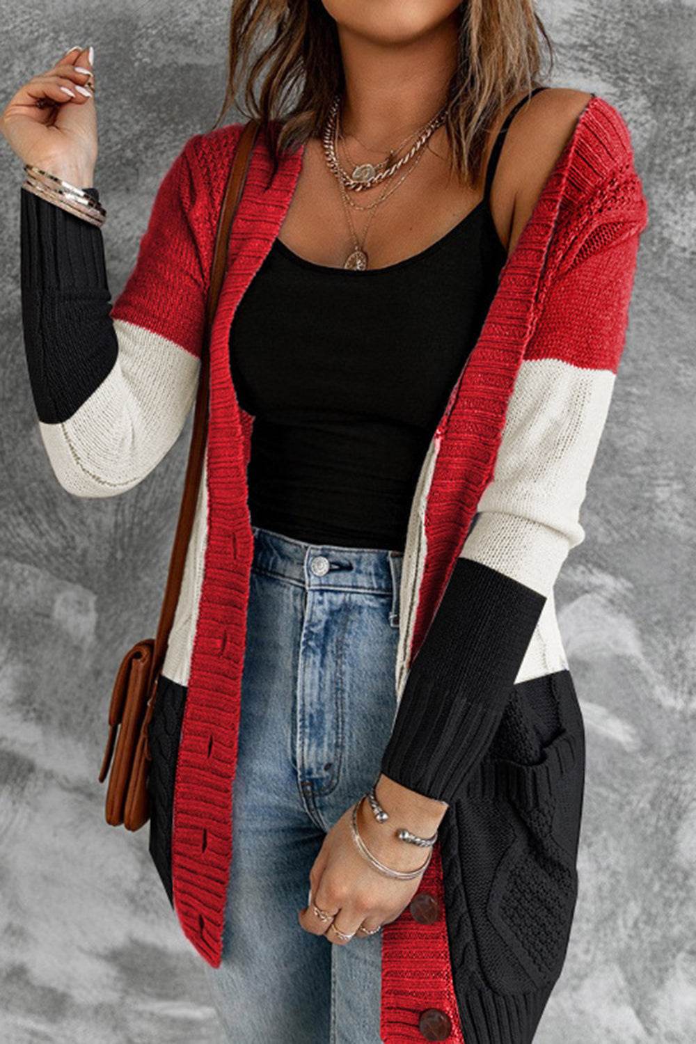 Color Block V-Neck Button Up Cardigan - Amexza