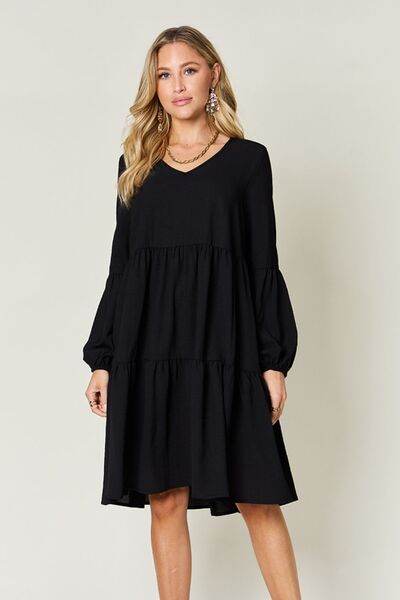 Double Take Full Size V-Neck Balloon Sleeve Tiered Dress with Pockets Black for a perfect OOTD – dress to impress outfits from Amexza