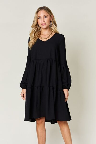 Double Take Full Size V-Neck Balloon Sleeve Tiered Dress with Pockets Black for a perfect OOTD – dress to impress outfits from Amexza