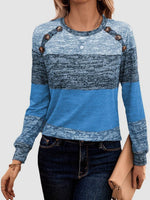 Decorative Button Contrast Round Neck Long Sleeve T-Shirt - Amexza