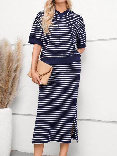 Drawstring Striped Short Sleeve Hooded Top and Skirt Set for a perfect OOTD – dress to impress outfits from Amexza