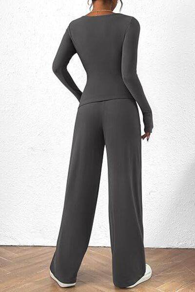 Round Neck Long Sleeve Top and Pants Set - Amexza