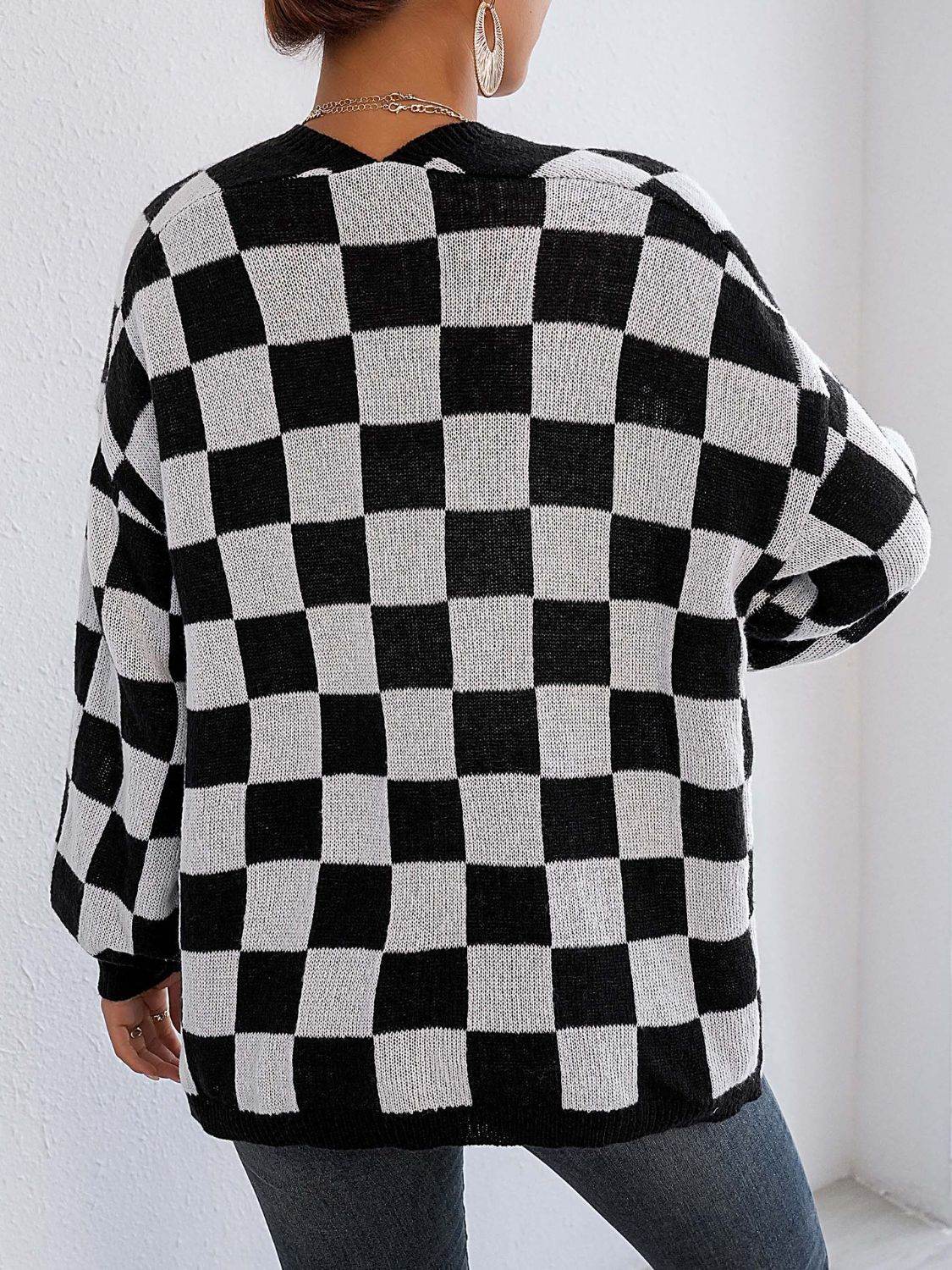 Checkered Open Front Long Sleeve Cardigan for a perfect OOTD – dress to impress outfits from Amexza