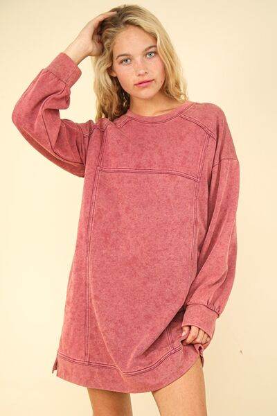 VERY J Mineral Washed Oversized Sweatshirt Mini Dress Magenta for a perfect OOTD – dress to impress outfits from Amexza