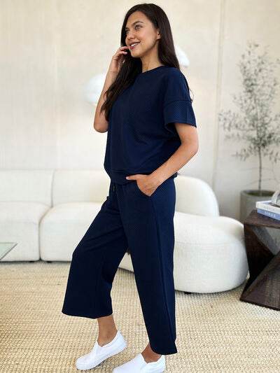 Double Take Full Size Texture Short Sleeve Top and Pants Set for a perfect OOTD – dress to impress outfits from Amexza