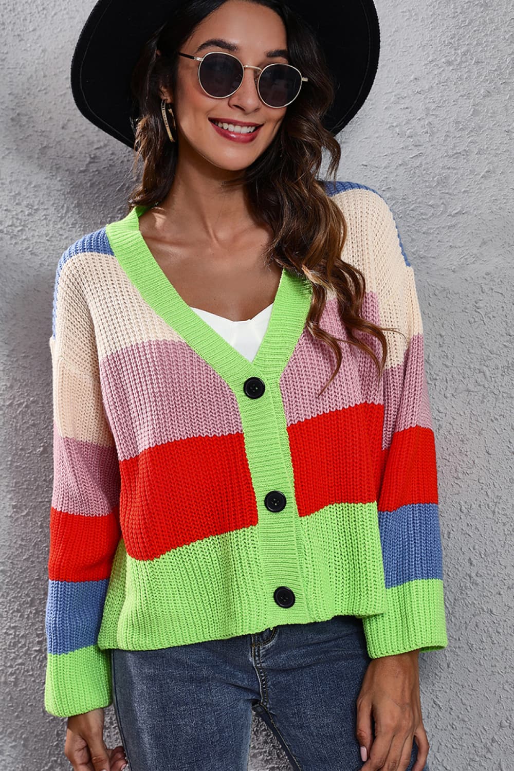 Color Block Button-Down Dropped Shoulder Cardigan for a perfect OOTD – dress to impress outfits from Amexza