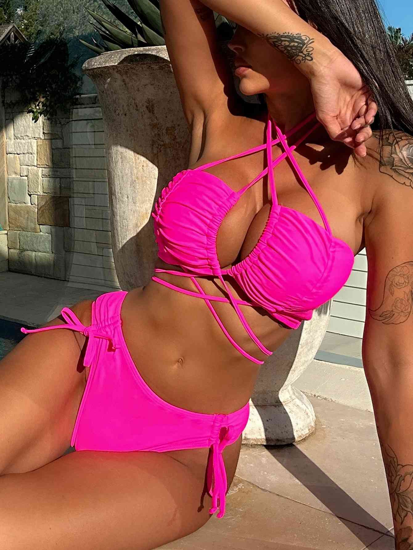 Halter Neck Drawstring Detail Bikini Set Hot Pink for a perfect OOTD – dress to impress outfits from Amexza