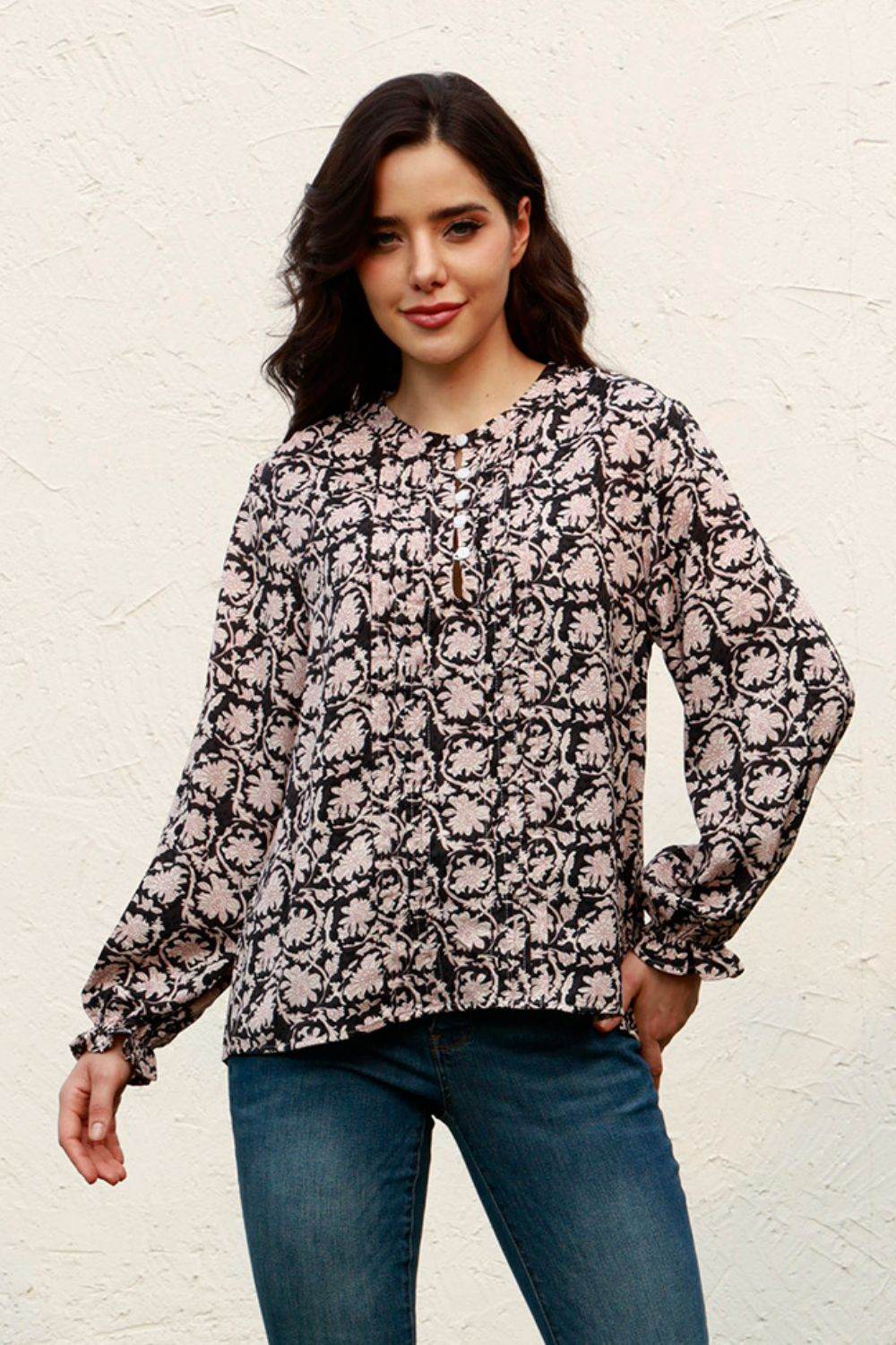 Floral Flounce Sleeve Round Neck Blouse Black for a perfect OOTD – dress to impress outfits from Amexza