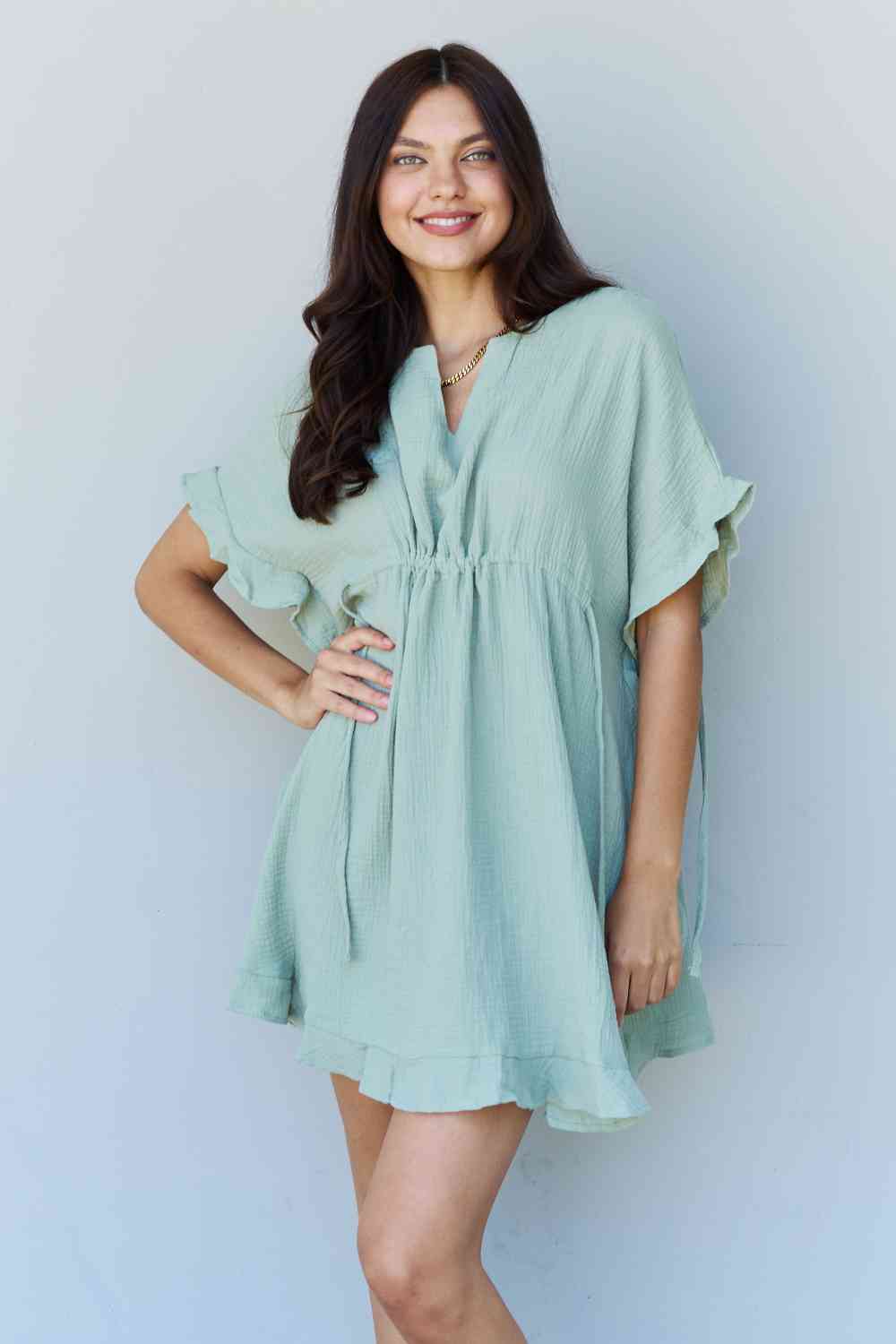 Ninexis Out Of Time Full Size Ruffle Hem Dress with Drawstring Waistband in Light Sage for a perfect OOTD – dress to impress outfits from Amexza