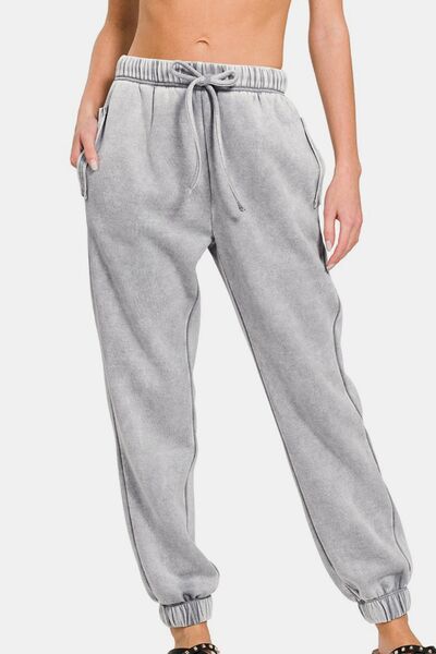 Zenana Full Size Acid Wash Fleece Drawstring Sweatpants with Pockets Sleet for a perfect OOTD – dress to impress outfits from Amexza