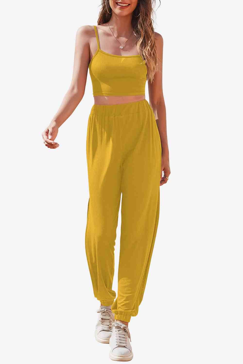 Cropped Cami and Side Split Joggers Set Yellow for a perfect OOTD – dress to impress outfits from Amexza