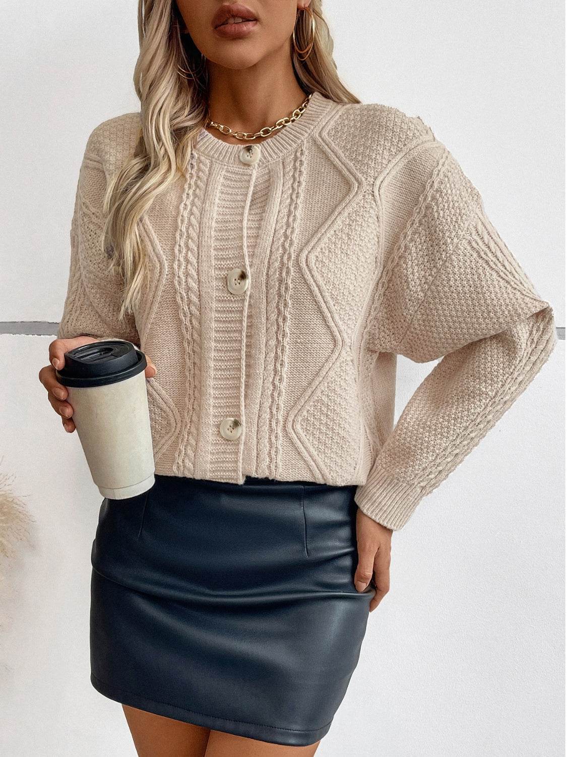 Cable-Knit Round Neck Button Up Cardigan for a perfect OOTD – dress to impress outfits from Amexza