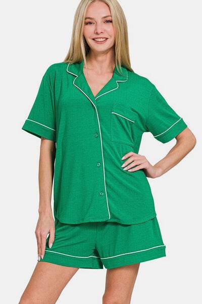 Zenana Button Down Short Sleeve Top and Shorts Lounge Set K Green for a perfect OOTD – dress to impress outfits from Amexza