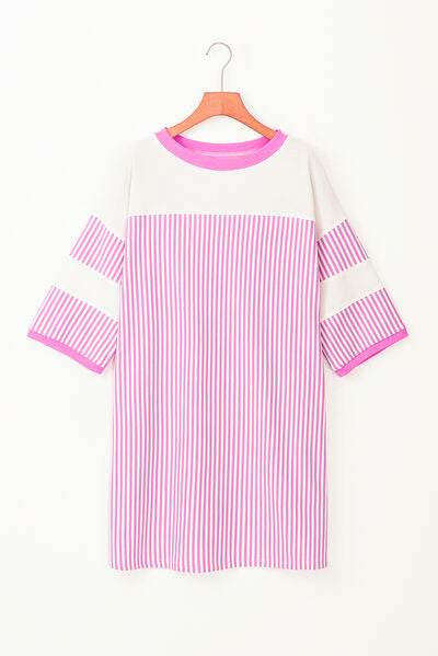 Striped Round Neck Three-Quarter Sleeve Mini Dress for a perfect OOTD – dress to impress outfits from Amexza