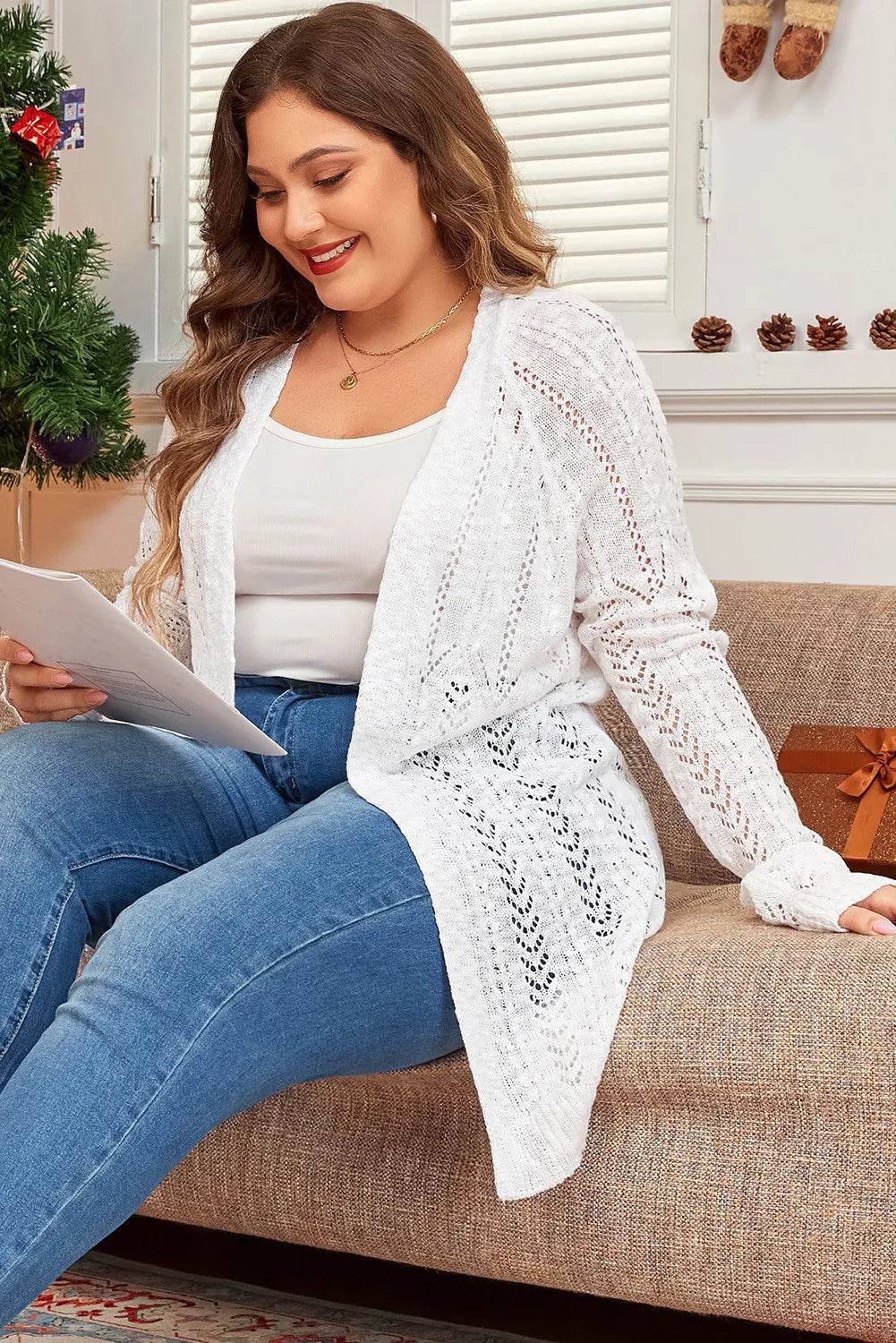 Plus Size Openwork Open Front Long Sleeve Cardigan for a perfect OOTD – dress to impress outfits from Amexza