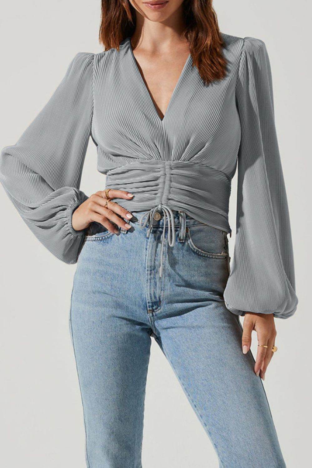 Drawstring V-Neck Long Sleeve Blouse for a perfect OOTD – dress to impress outfits from Amexza