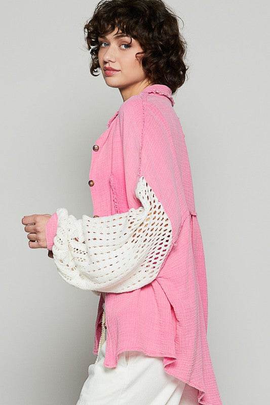 POL Openwork Lantern Sleeve Button Down Gauze Shirt for a perfect OOTD – dress to impress outfits from Amexza