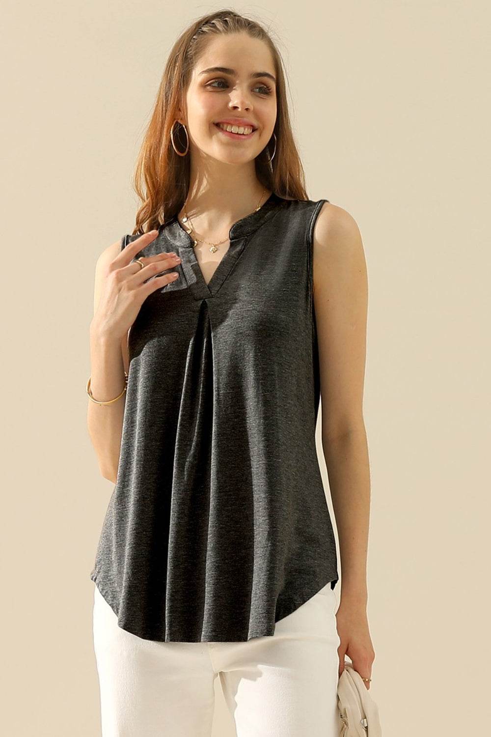 Ninexis Full Size Notched Sleeveless Top H CHARCOAL for a perfect OOTD – dress to impress outfits from Amexza