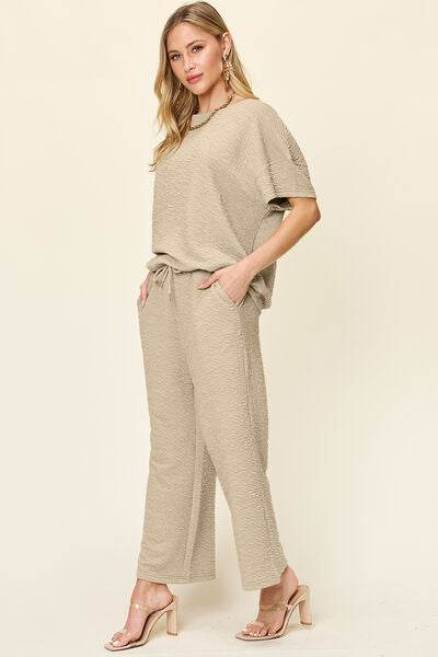 Double Take Full Size Texture Short Sleeve Top and Pants Set - Amexza