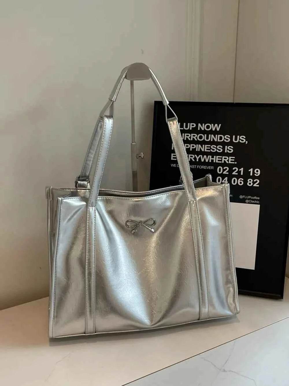 PU Leather Bow Shoulder Bag Silver One Size for a perfect OOTD – dress to impress outfits from Amexza