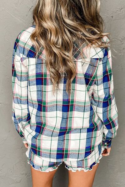 Plaid Snap Down Long Sleeve Top and Shorts Lounge Set for a perfect OOTD – dress to impress outfits from Amexza