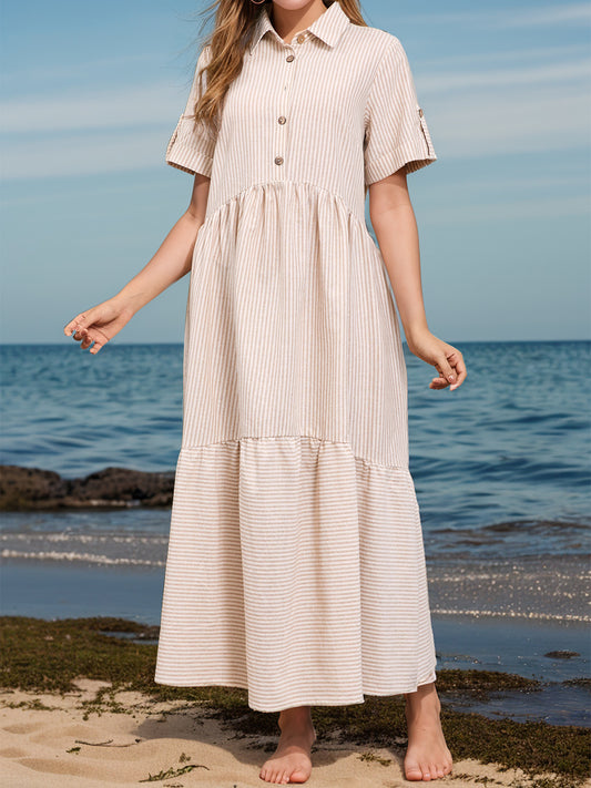 Striped Collared Neck Short Sleeve Dress - Tan / S