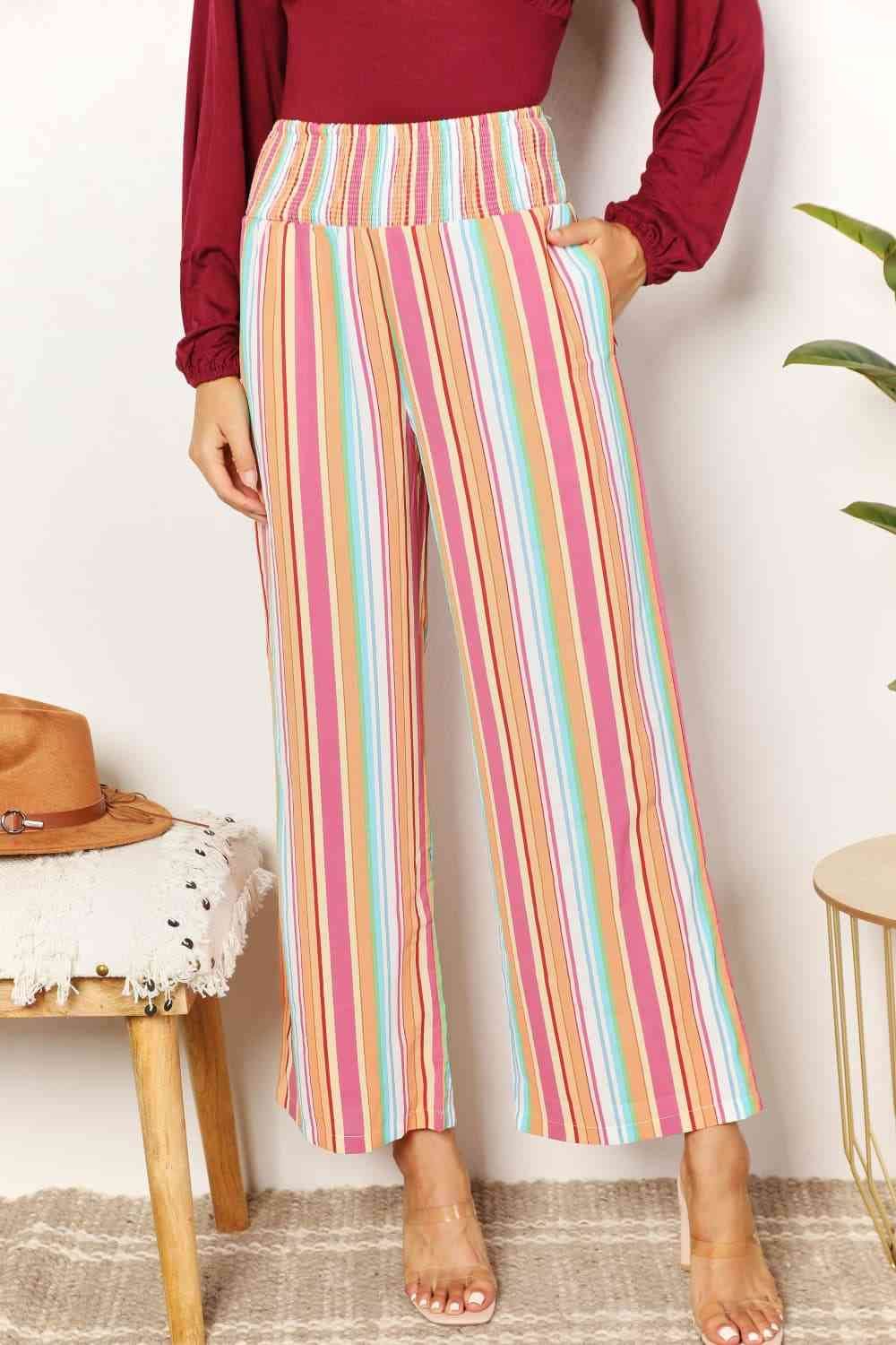 Double Take Striped Smocked Waist Pants with Pockets Multicolor for a perfect OOTD – dress to impress outfits from Amexza