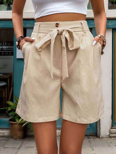 Perfee Tied High Waist Shorts with Pockets Tan for a perfect OOTD – dress to impress outfits from Amexza