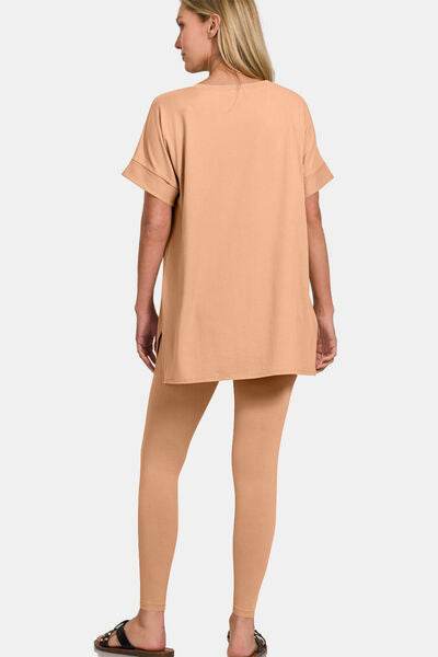 Zenana Full Size V-Neck Rolled Short Sleeve T-Shirt and Leggings Lounge Set for a perfect OOTD – dress to impress outfits from Amexza