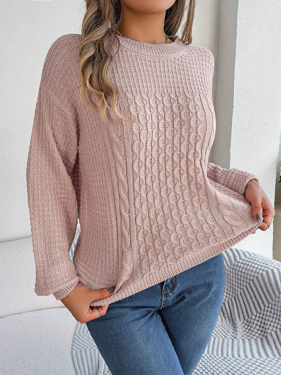 Cable-Knit Round Neck Long Sleeve Sweater Blush Pink for a perfect OOTD – dress to impress outfits from Amexza