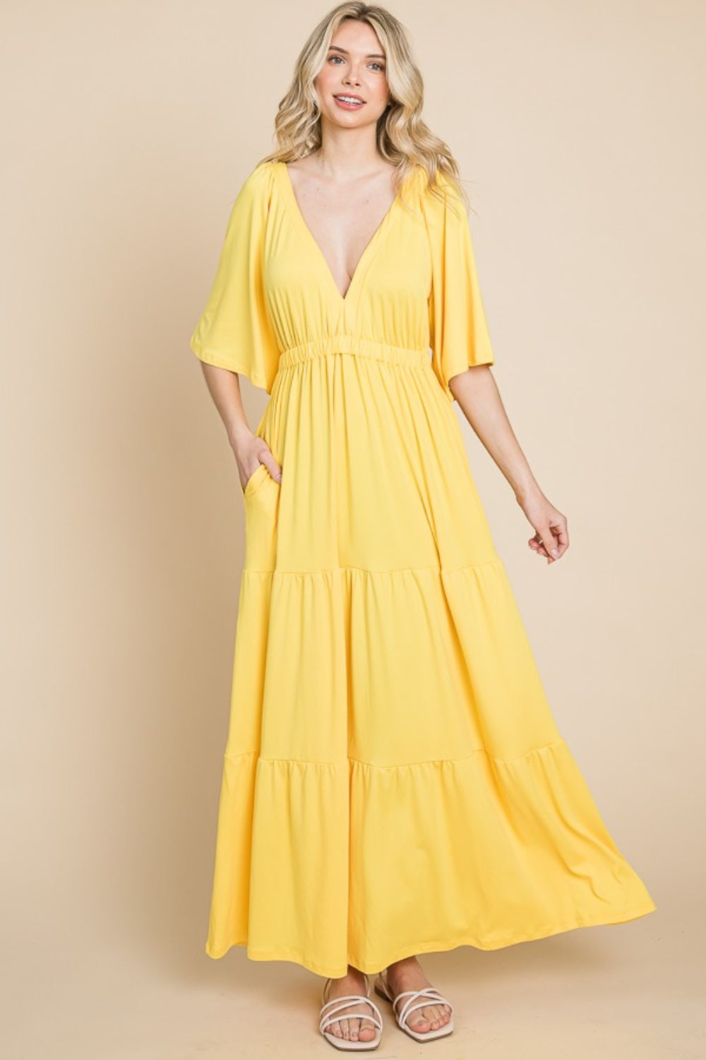 Culture Code Backless Plunge Half Sleeve Tiered Dress - LEMONADE / S