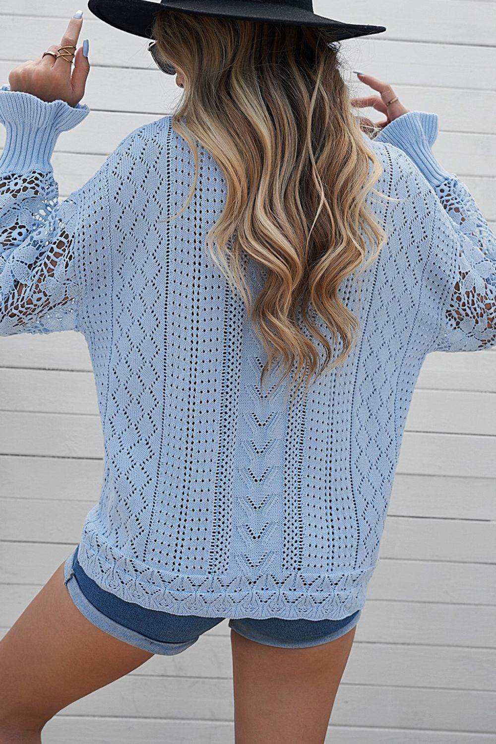 Openwork Round Neck Long Sleeve Sweater for a perfect OOTD – dress to impress outfits from Amexza