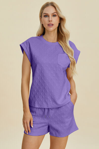 Double Take Full Size Pocketed Texture Round Neck Top and Shorts Set Lavender for a perfect OOTD – dress to impress outfits from Amexza