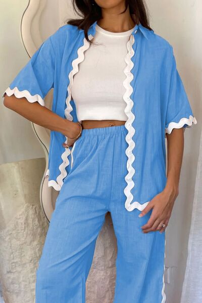 Contrast Trim Half Sleeve Top and Pants Set Sky Blue for a perfect OOTD – dress to impress outfits from Amexza