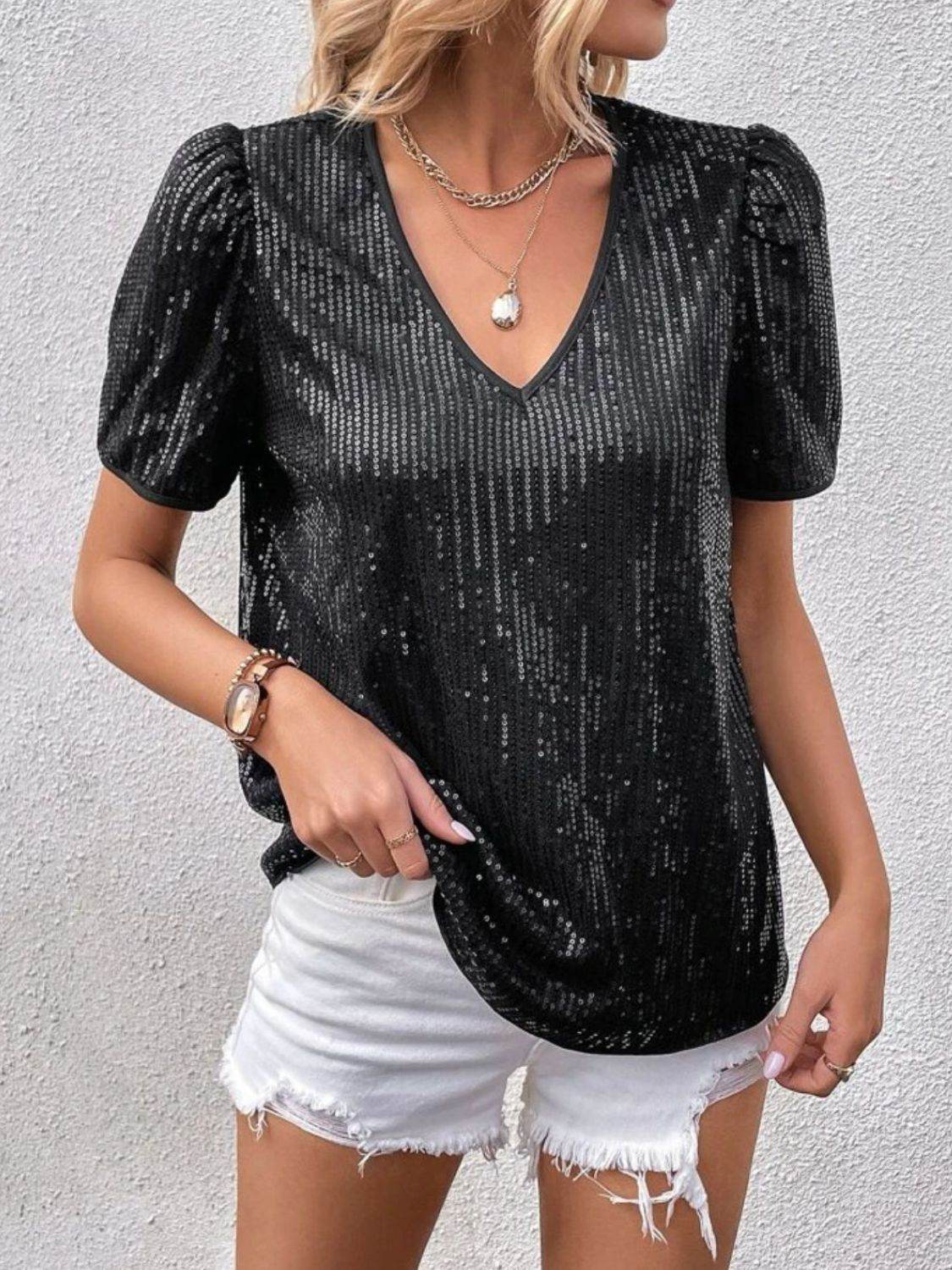 Sequin Round Neck Short Sleeve Top Black for a perfect OOTD – dress to impress outfits from Amexza