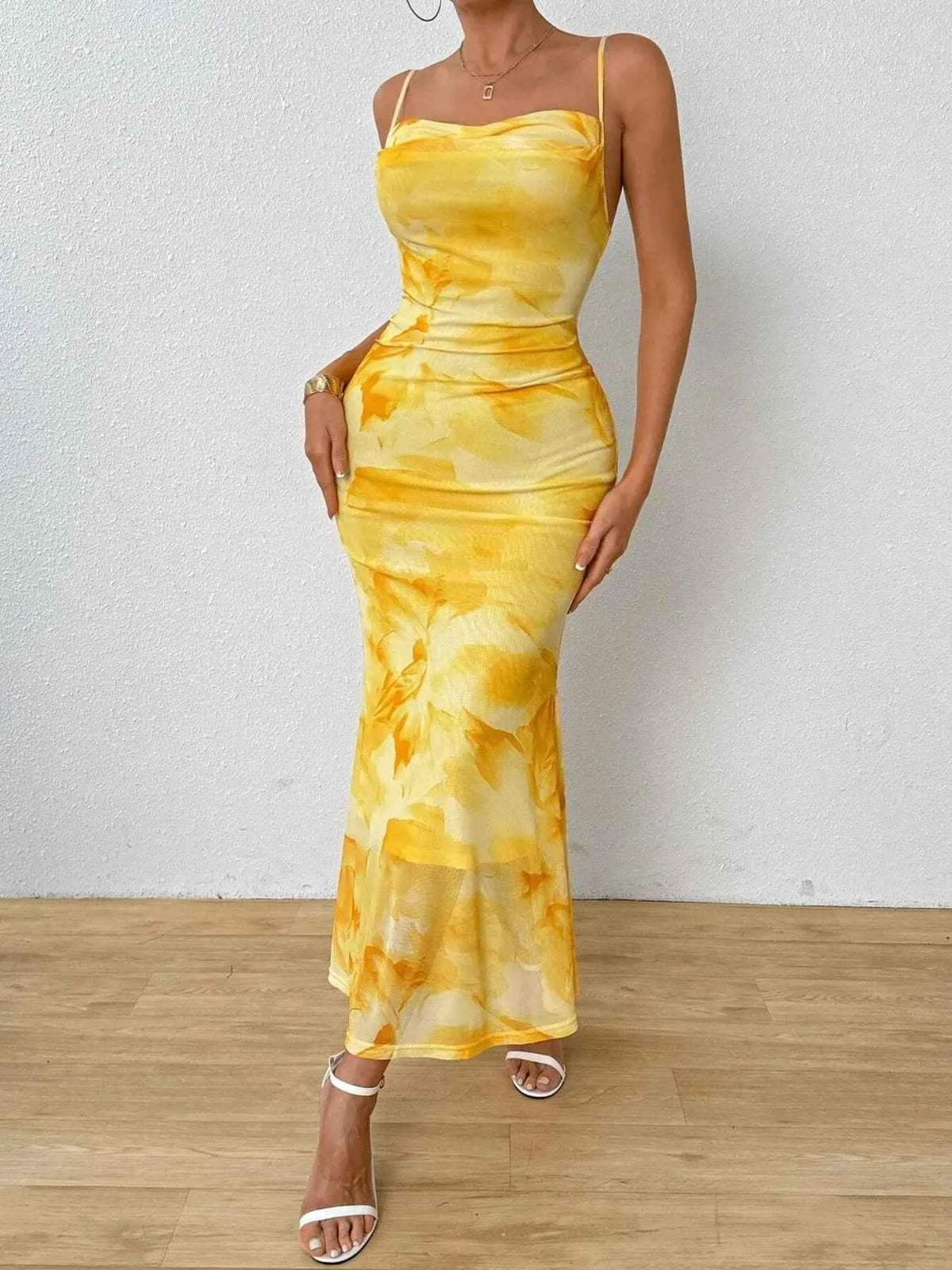 Tie-Dye Ruched Bodycon Mesh Cami Maxi Dress
