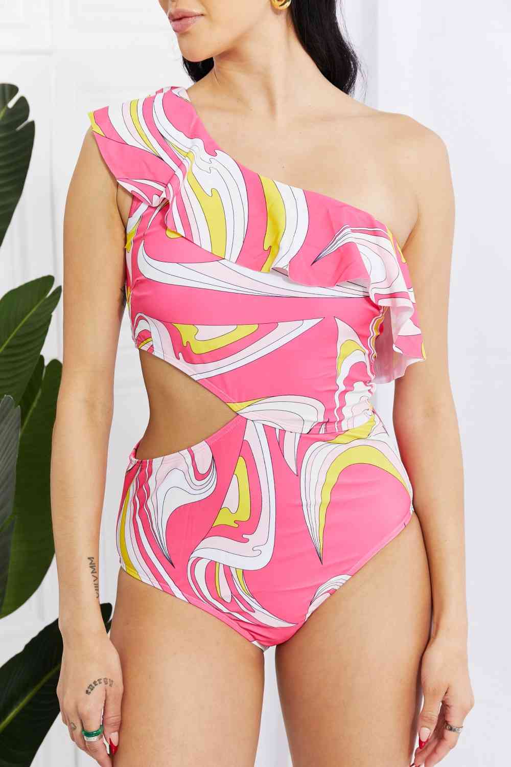 Marina West Swim Vitamin C Asymmetric Cutout Ruffle Swimsuit in Pink for a perfect OOTD – dress to impress outfits from Amexza