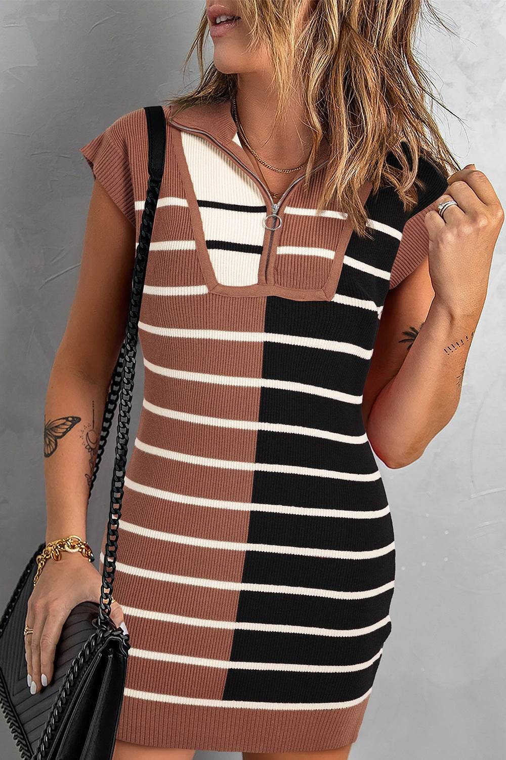 Striped Quarter Zip Cap Sleeve Sweater Dress - Amexza