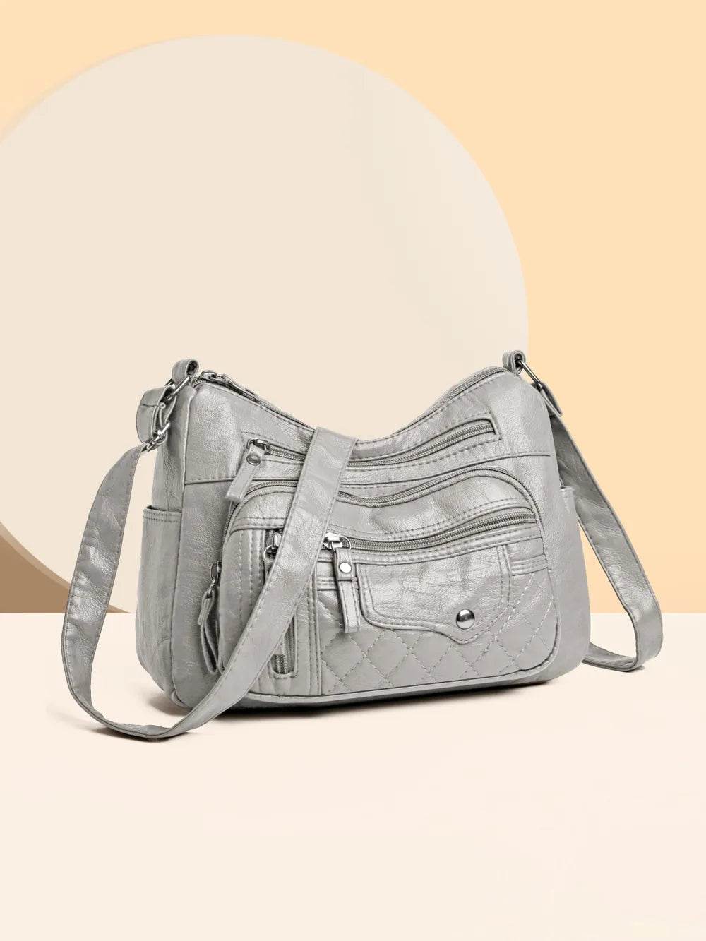 PU Leather Multi Pockets Adjustable Strap Shoulder Bag Light Gray One Size for a perfect OOTD – dress to impress outfits from Amexza