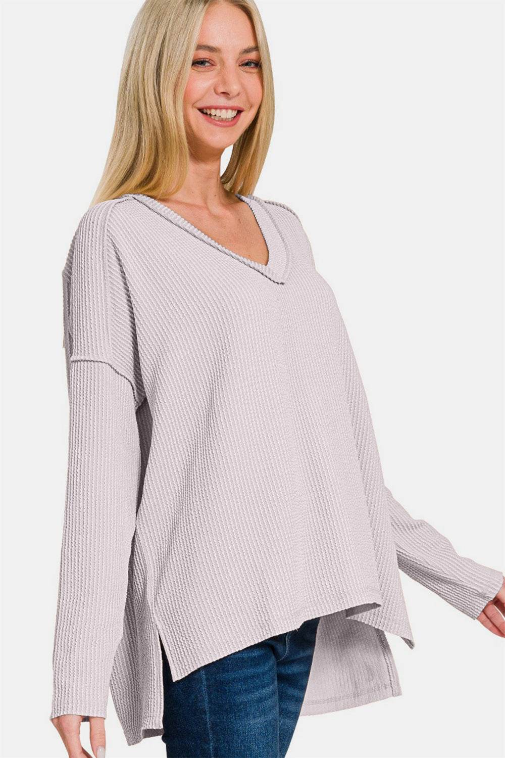 Zenana Texture Exposed Seam V-Neck Long Sleeve T-Shirt for a perfect OOTD – dress to impress outfits from Amexza