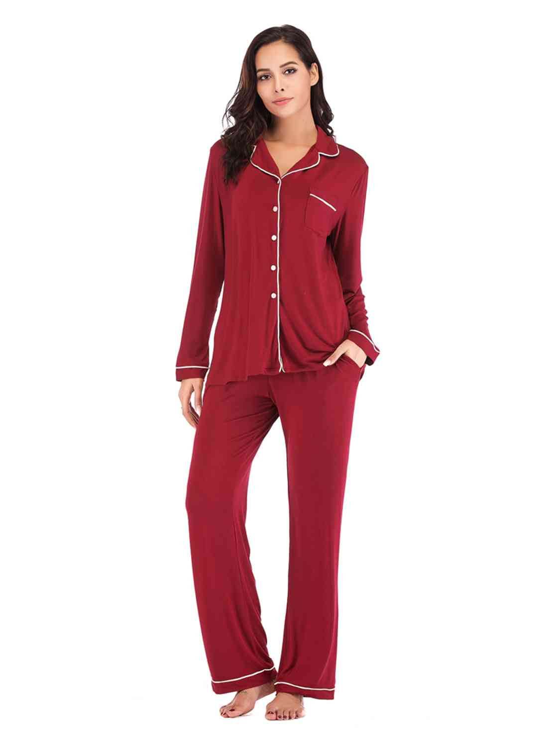 Collared Neck Long Sleeve Loungewear Set with Pockets for a perfect OOTD – dress to impress outfits from Amexza