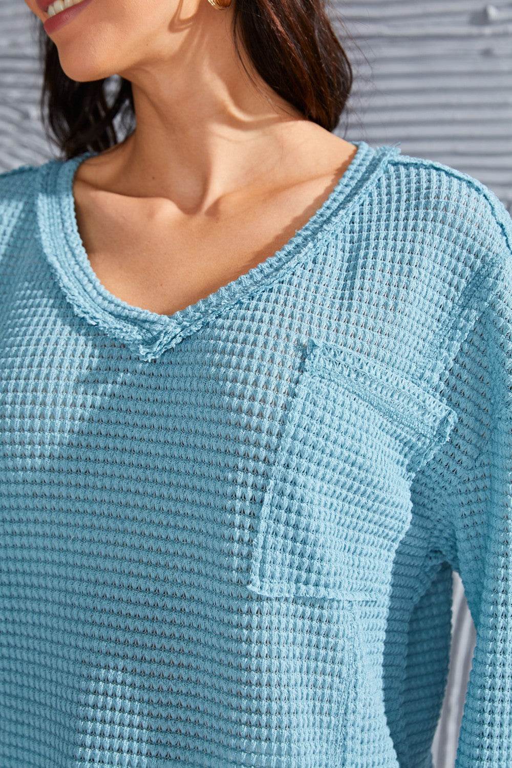 Waffle-Knit V-Neck Blouse with Breast Pocket - Amexza