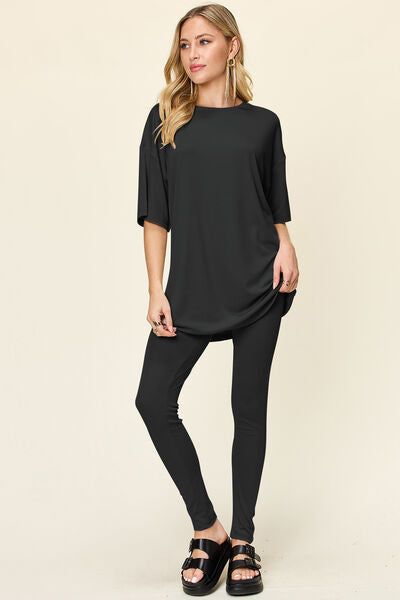 Double Take Full Size Round Neck Dropped Shoulder T-Shirt and Leggings Set Black for a perfect OOTD – dress to impress outfits from Amexza