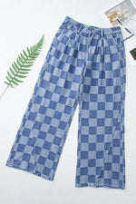Checkered Wide Leg Jeans with Pockets - Amexza