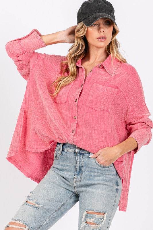 SAGE + FIG Frayed Hem Side Slit Button Down Shirt for a perfect OOTD – dress to impress outfits from Amexza