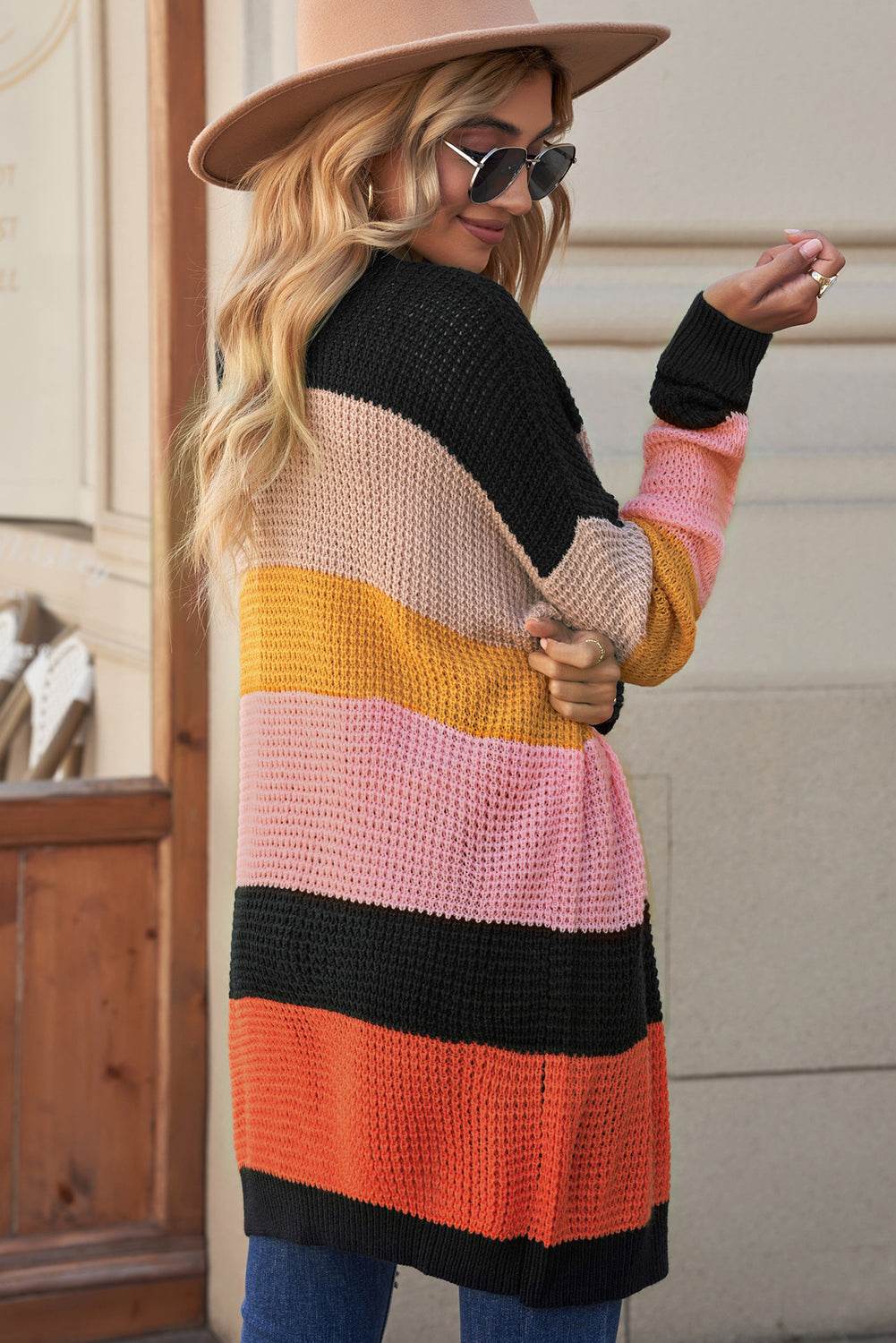 Striped Waffle Knit Open Front Cardigan for a perfect OOTD – dress to impress outfits from Amexza