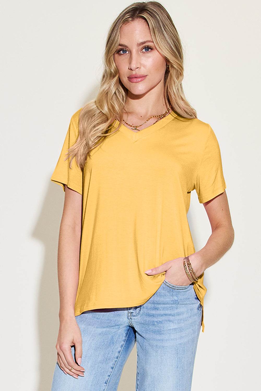 Basic Bae Bamboo Full Size V-Neck High-Low T-Shirt for a perfect OOTD – dress to impress outfits from Amexza